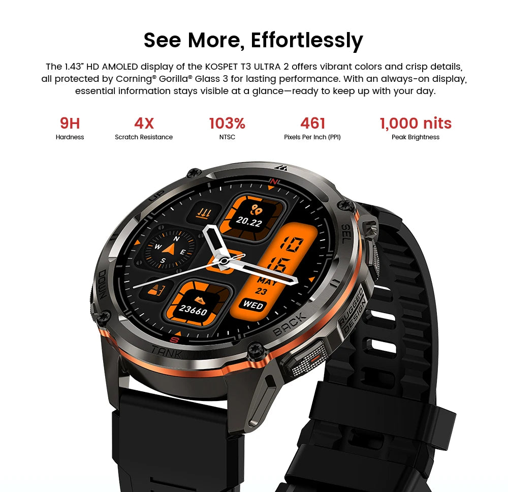 KOSPET TANK T3 Ultra 2 Smartwatch – GPS, AMOLED, Waterproof, 60-Day Battery