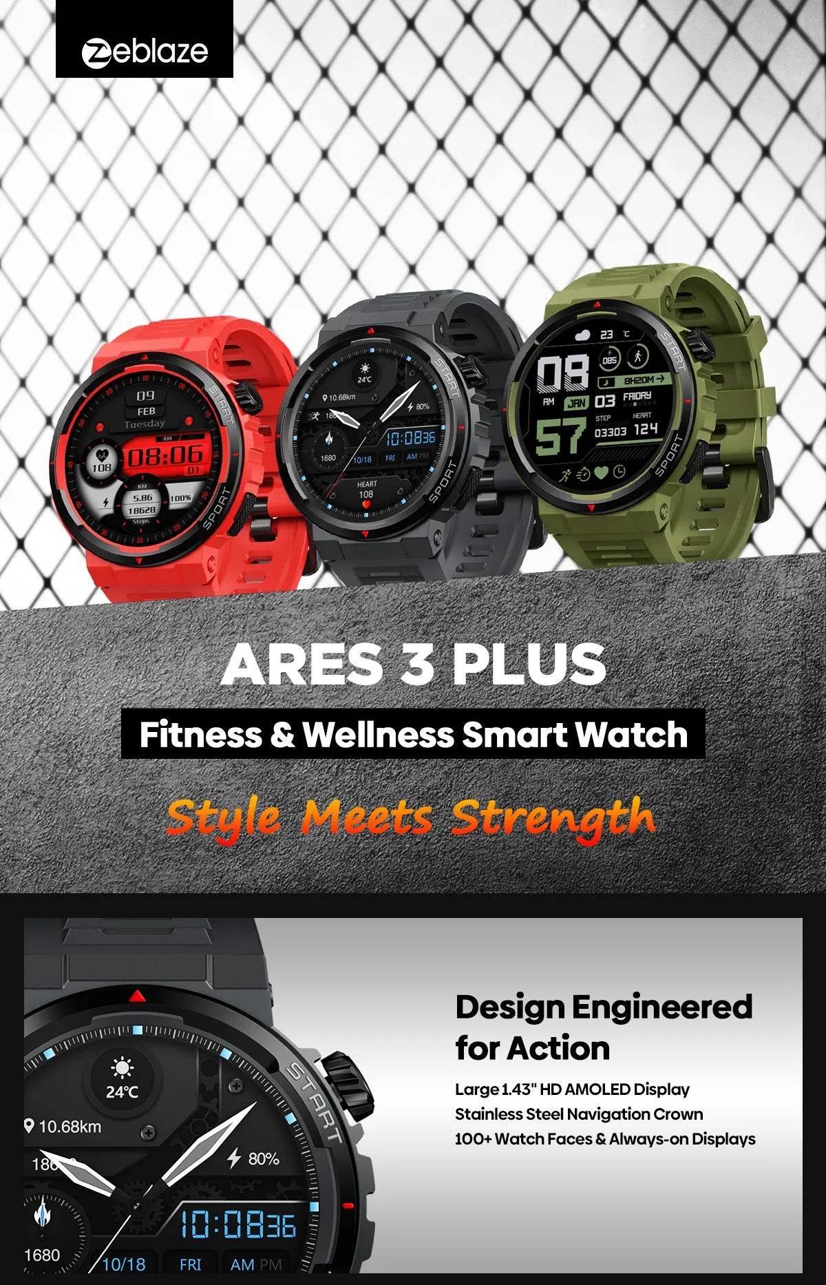 Zeblaze Ares 3 Plus Smartwatch – 1.43" HD AMOLED