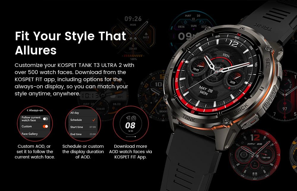 KOSPET TANK T3 Ultra 2 Smartwatch – GPS, AMOLED, Waterproof, 60-Day Battery